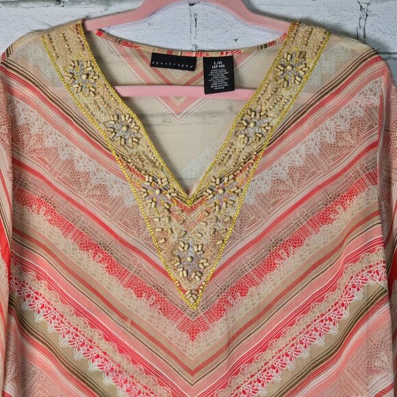 APOSTROPHE SEMI SHEER TUNIC VNECK WITH BEADS LONG SLEEVE WOMENS SIZE LARGE - Picture 4 of 7